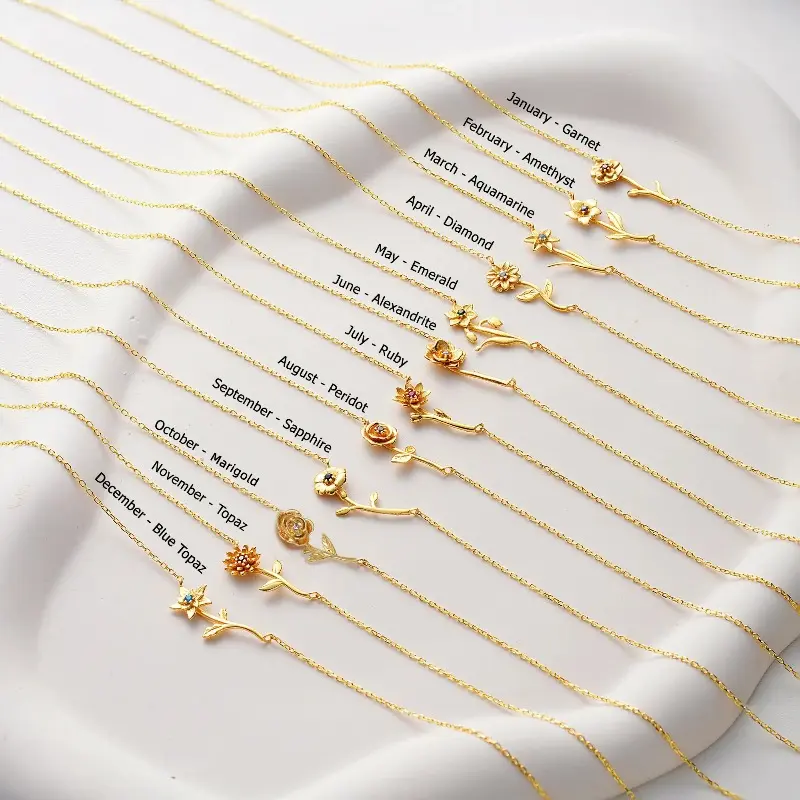 Custom Horizontal Birth Flower Necklace - Personalized Gold Artificial Gemstone Jewelry, Cute Mothers Day Gift Ideas, Gifts for Women, Gold Necklace for Women Gold Chain Set