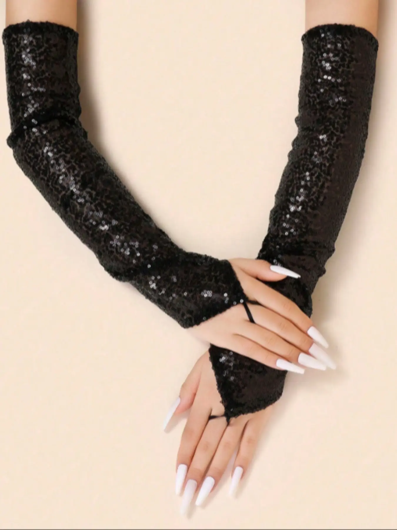 Stage Performance Glitter Finish Sparkling Effect Reflective Design Gloves, Long Cosplay Costume Gloves, Hook Finger Feature Nightclub Dance Gloves, Party Accessories