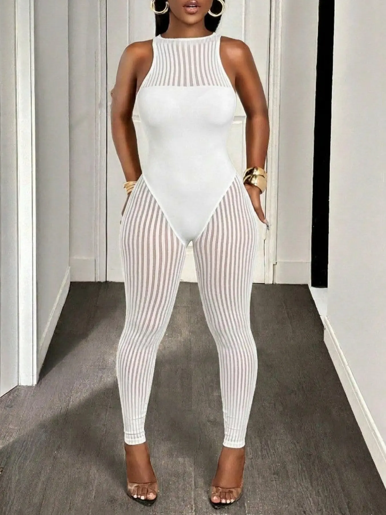 Black Girl White Ribbed Sleeveless Full Body Bodystocking, Sleeveless Bodysuits, Transparent Vertical Striped Tight Catsuit, Elastic Curve Sculpt One Piece Jumpsuit, Boudoir Photoshoot Date Night Clubwear Sexy Figure Shaping Outfit