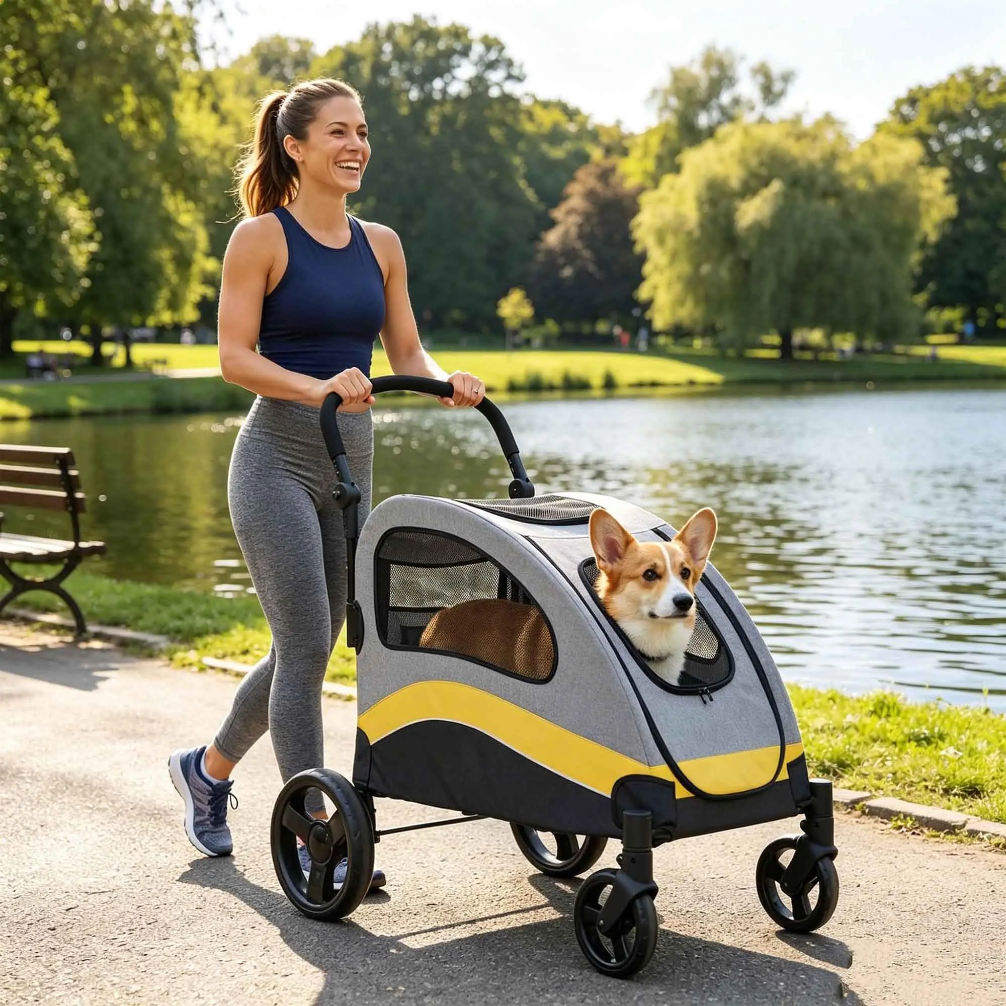 【GARVEE】Up to 88lbs Large Dog Stroller – Shock Absorbing Wheels, Heavy Duty Foldable Pet Carriage for Travel – Removable Washable Pad & Convenient Storage Bag