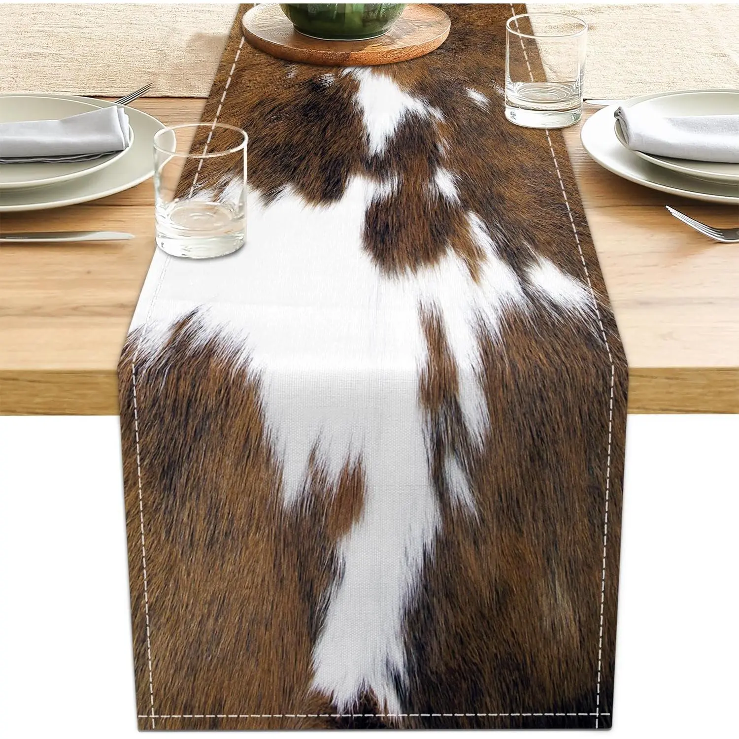 Cow Print Table Runner Brown Western Runners Cowhide Table Decorations Farmhouse Country Table Runner for Party Home Kitchen Dining Room 13x71 Inch (just a Print)