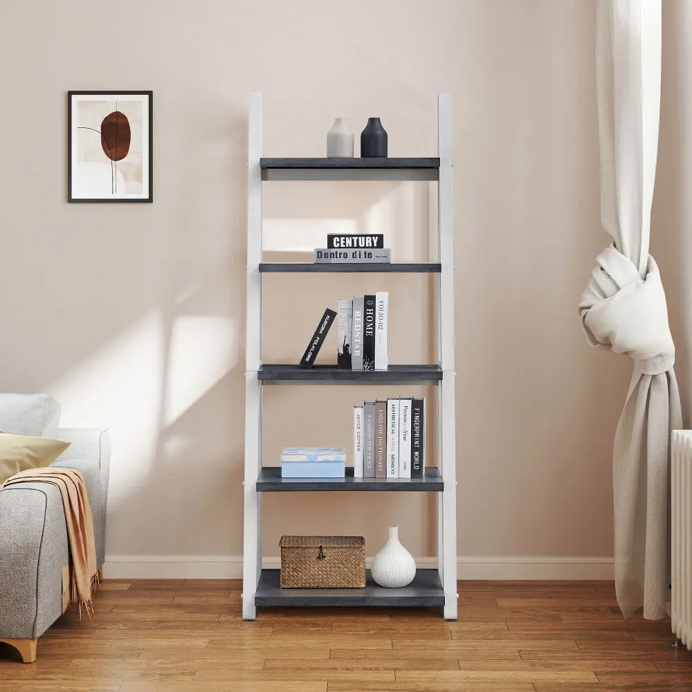 5-Tier Minimalist Ladder Shelf Bookcase - Single Unit Freestanding Storage Rack with Solid Rubberwood Frame, Plain Finish Tall Organizer for Living Room, Home Office, Book Display & Multi-Purpose Space Saving Shelving, Tall Ladder