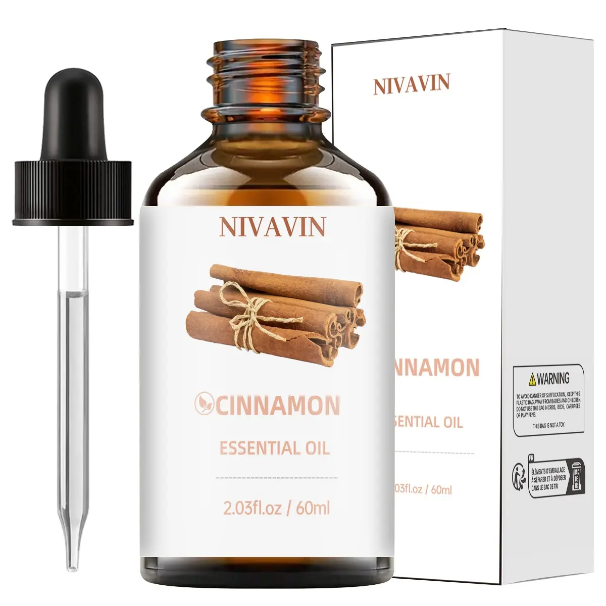 NIVAVIN Cinnamon Essential Oil 60ml, Aromatherapy Oils, is 100% pure natural plant extract, has a rich, long-lasting aroma, suitable for home, office, can be used with aromatherapy diffusers and diffuser stones