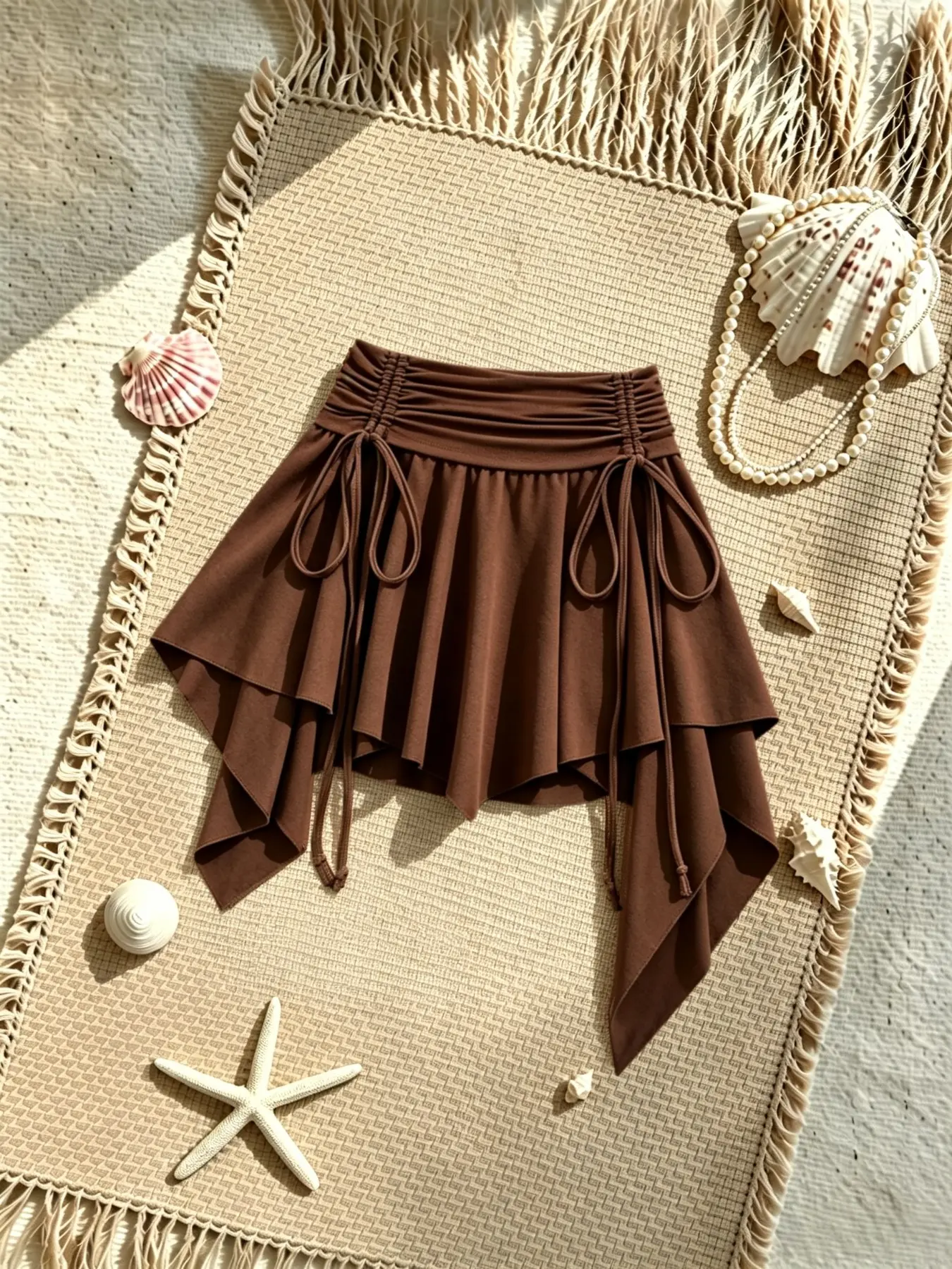 Women's Punk Style Dual Side Drawstring Tie Waist Asymmetrical Half-Length Skirt, High-Waisted Pleated Hem Flowing Bottom Anti-Exposure Pants Skirt
