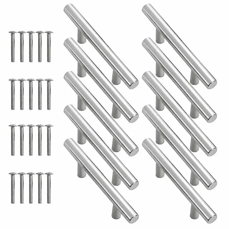 10pcs Stainless Steel T Bar Cabinet Pull Handles, 15cm Total Length, 96mm Hole Spacing, Modern Furniture Drawer Door Handles