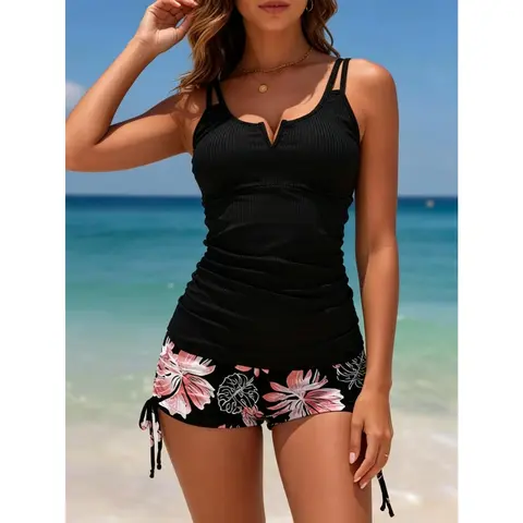 Women's 2-Piece Tummy Control Tankini Swimsuit - Modest Full Coverage Beach Wear with Ruched Notch Neck Top, Colorful Floral Side Tie Boyshorts