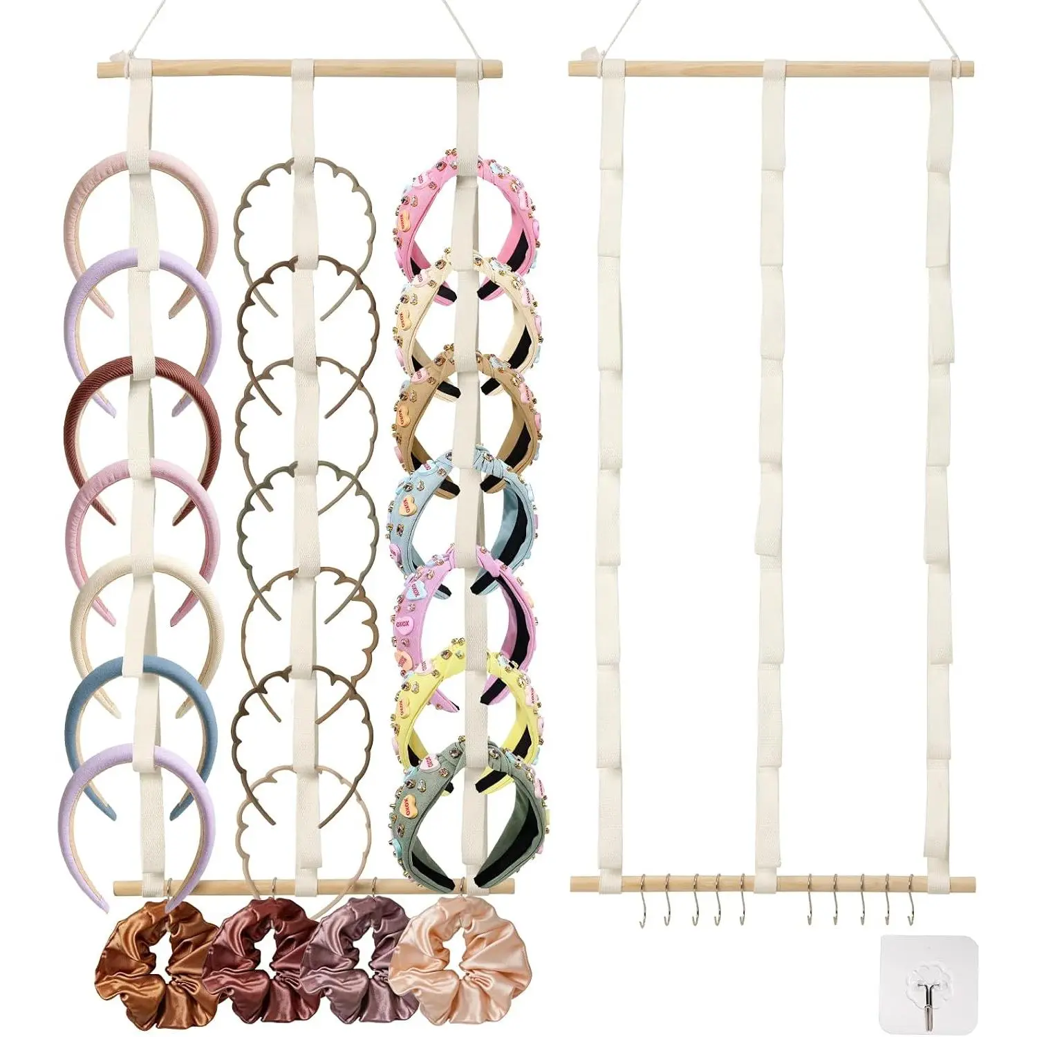3 count Headband Holder Organizer for Girls,  Hairband Storage, White Hairband Display with Wooden Stick, 10 S-Shaped Hooks & Adhesive Hook, Hair Accessories Organizer for Bedroom, College Dorm