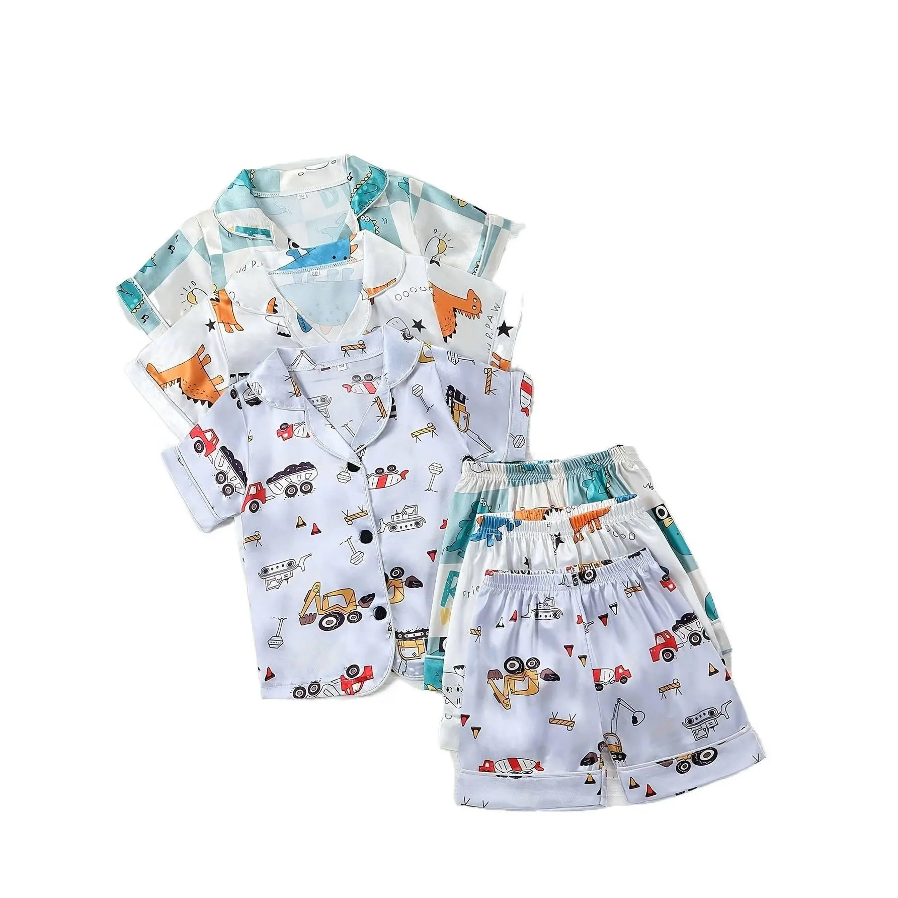 Girls' Summer 3-Piece Printed Motifs Graphic Pajama Set - Short-Sleeved, Loose-Fitting, Mixed Colors, Soft Comfortable Homewear Loungewear, Short Sleeve
