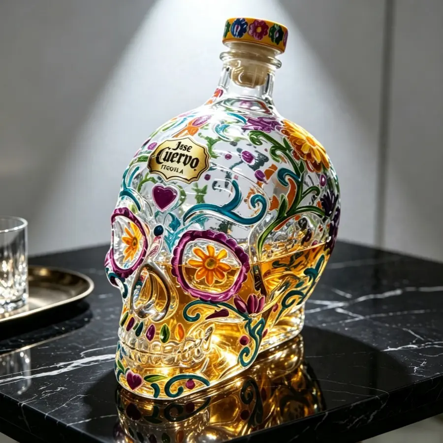 Hand Painted Embossed Floral Skull Clear Glass Bottle | Day Of The Dead Decorative Storage Bottle, Halloween Bar Tabletop Ornament Home Desktop Display Skeleton Glass Vase Bottle