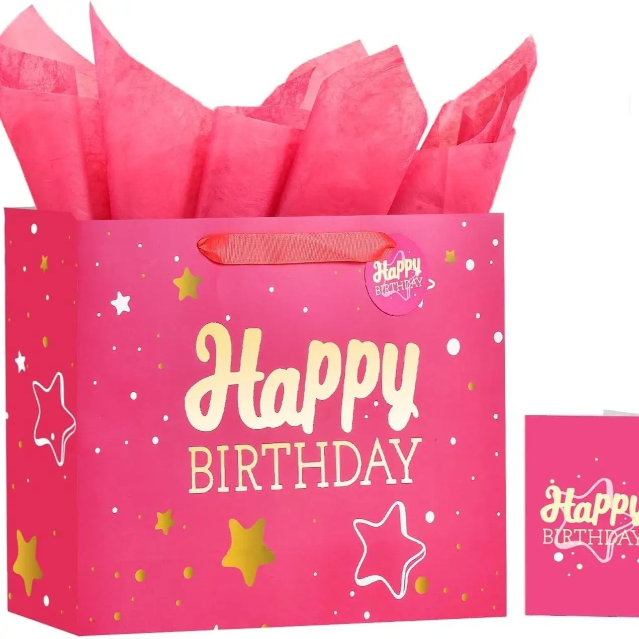 Pink Birthday Gift Bag Set, 13 Inch All-in-One Gift Packaging Kit with Tissue Paper & Greeting Card, Ready-to-Gift Birthday Party Bag for Women, Girls and Kids, Happy Birthday Bag