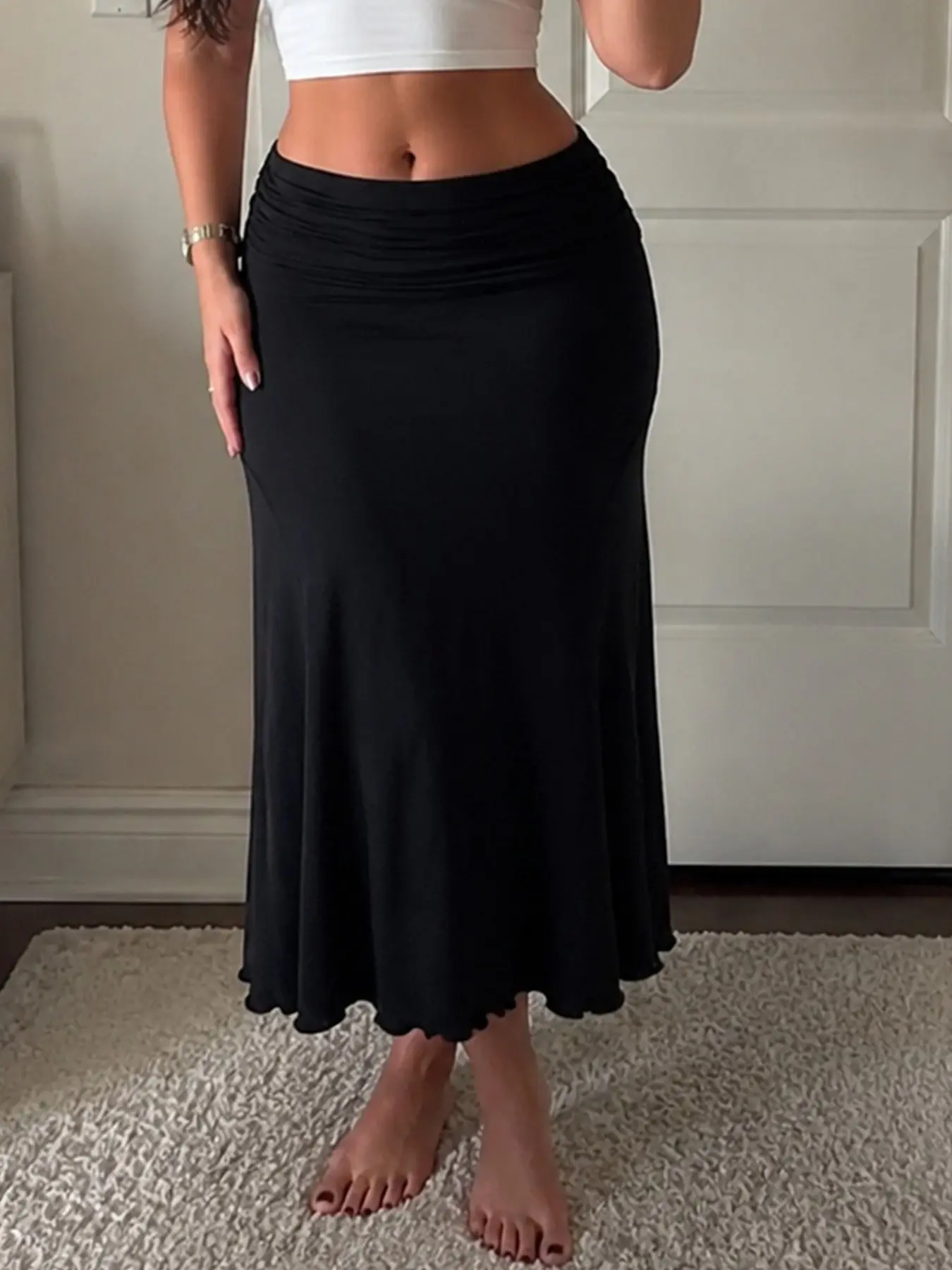 Elegant Ruched High-Waisted Midi Skirt, Y2K Tailored Design, Asymmetric Ruched Skirt, Flared Skirt, Versatile Summer Wear, Women's Fashionable Slim-Fitting Skirt, Side Ruched Skirt