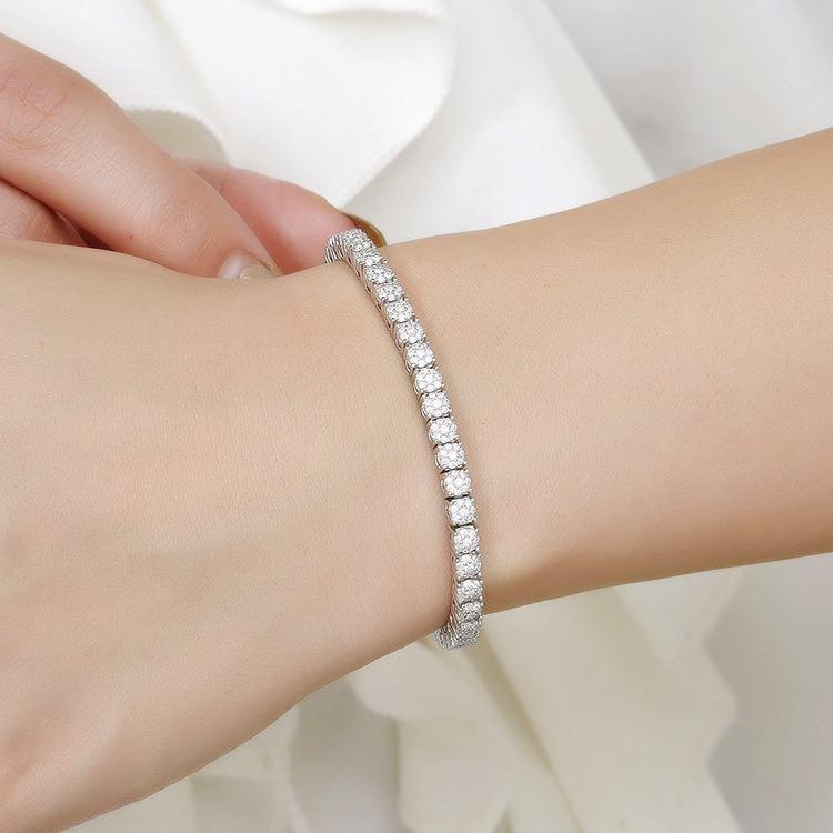 Elegant 4-Prong Moissanite Tennis Bracelet | Dainty Single Row Lab Created Diamond Bangle | Simple Luxury Sterling Silver Jewelry