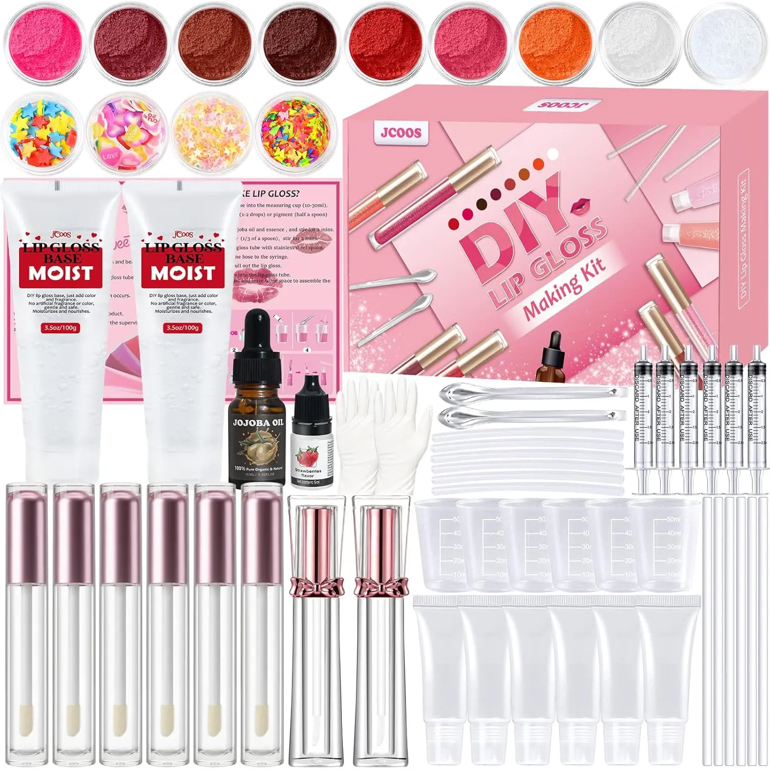 Jcoos Diy Lip Gloss Kit, Lip Gloss Making Kit, LipGloss Making Kit Make Your Own Lip Gloss Making Supplies, Shimmery LipGloss Base, Empty Tubes, Jojoba Oil, Women Teen Girl Gifts Trendy Stuff