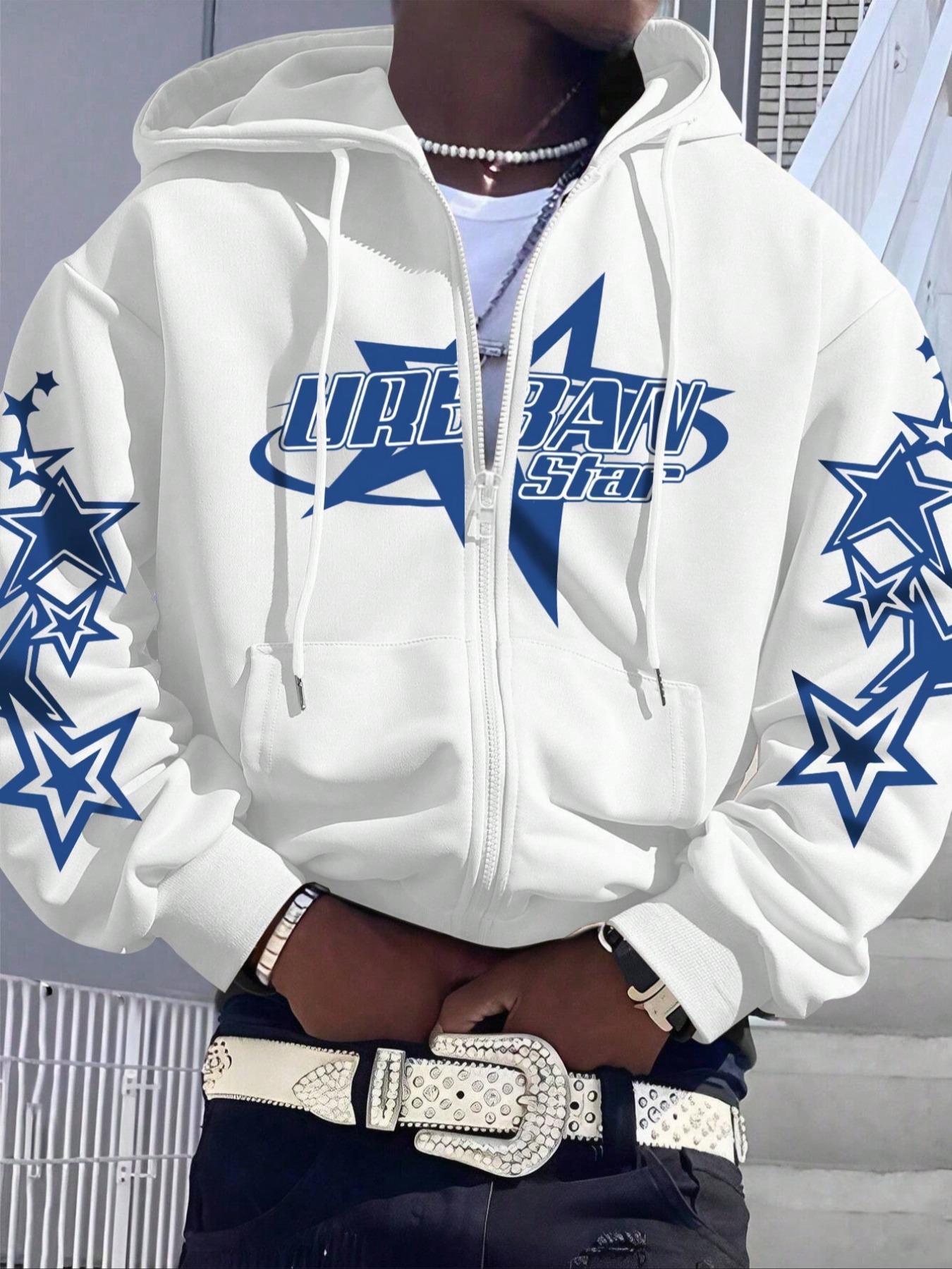 Men's Star Print Drop Shoulder Hoodie, Fashion Casual Regular Fit Drawstring Pocket Hooded Sweatshirt for Daily Holiday Outdoor Wear, Men Clothes for Fall & Winter, Streetwear Hoodie, Drawstring Pocket Hoodies