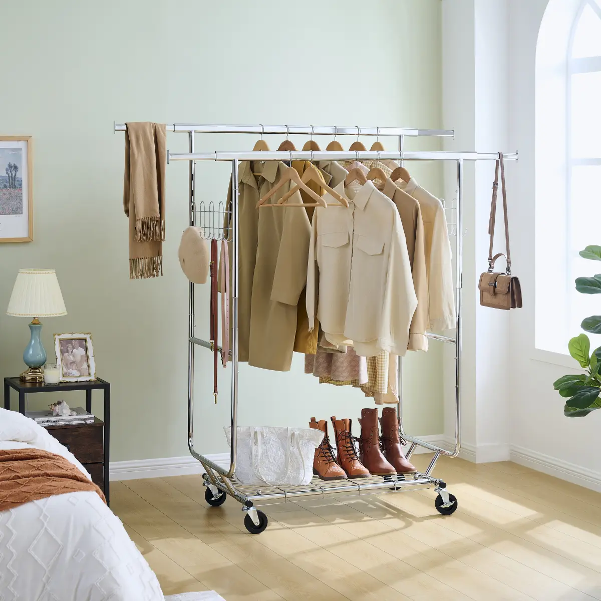 Double Clothing Garment Rack with Shelves Capacity 800lbs Clothing Racks on Wheels Rolling Clothes Rack for Hanging Clothes Heavy Duty Portable Collapsible Commercial Garment Rack   WL RR