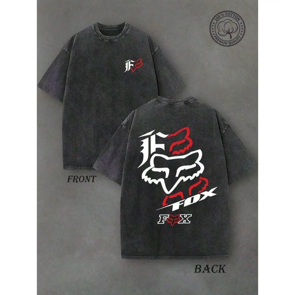 Washed Heavy Cotton Fox Head Logo Front Back Graphic Tee Unisex Oversized Crew Neck Short Sleeve Tshirt Soft Breathable Motocross Streetwear Outdoor Racing Daily Holiday Fashion Top