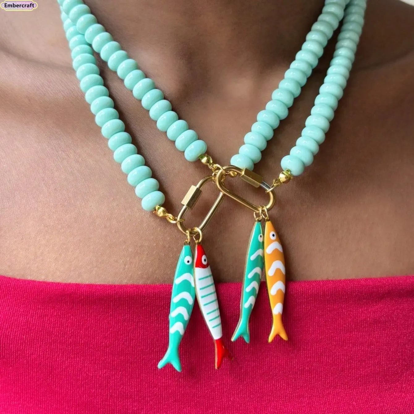 Women's Aesthetic Mint Green Beaded Necklace with Fish Pendant - Stainless Steel OT Buckle Collarbone Chain, Casual Lightweight Adjustable Layering Jewelry, Beaded Chains, Daily Wear Female Accessory