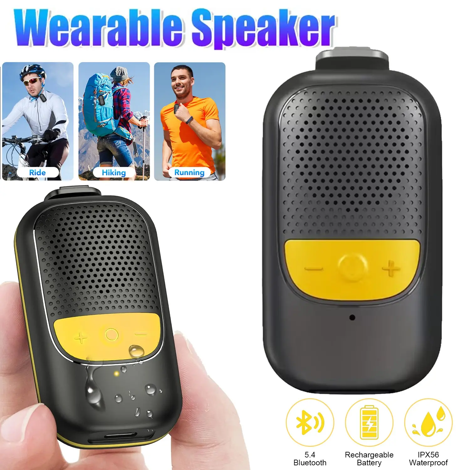 Wireless clip-on Bluetooth speaker, IP67 waterproof, ENC noise-cancelling microphone, wearable for outdoor activities