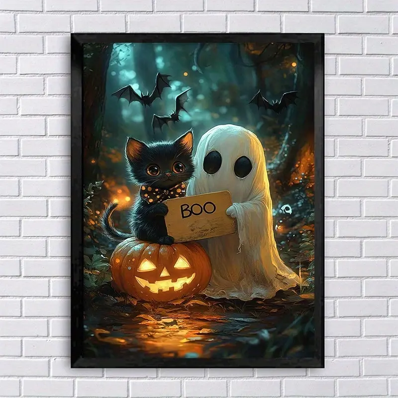 Frameless wall art featuring a ghost cat, designed with a whimsical and spooky theme, is perfect for adding a touch of playfulness to your living room decor. This Halloween decoration is a fun gift and also ideal for a whimsical home