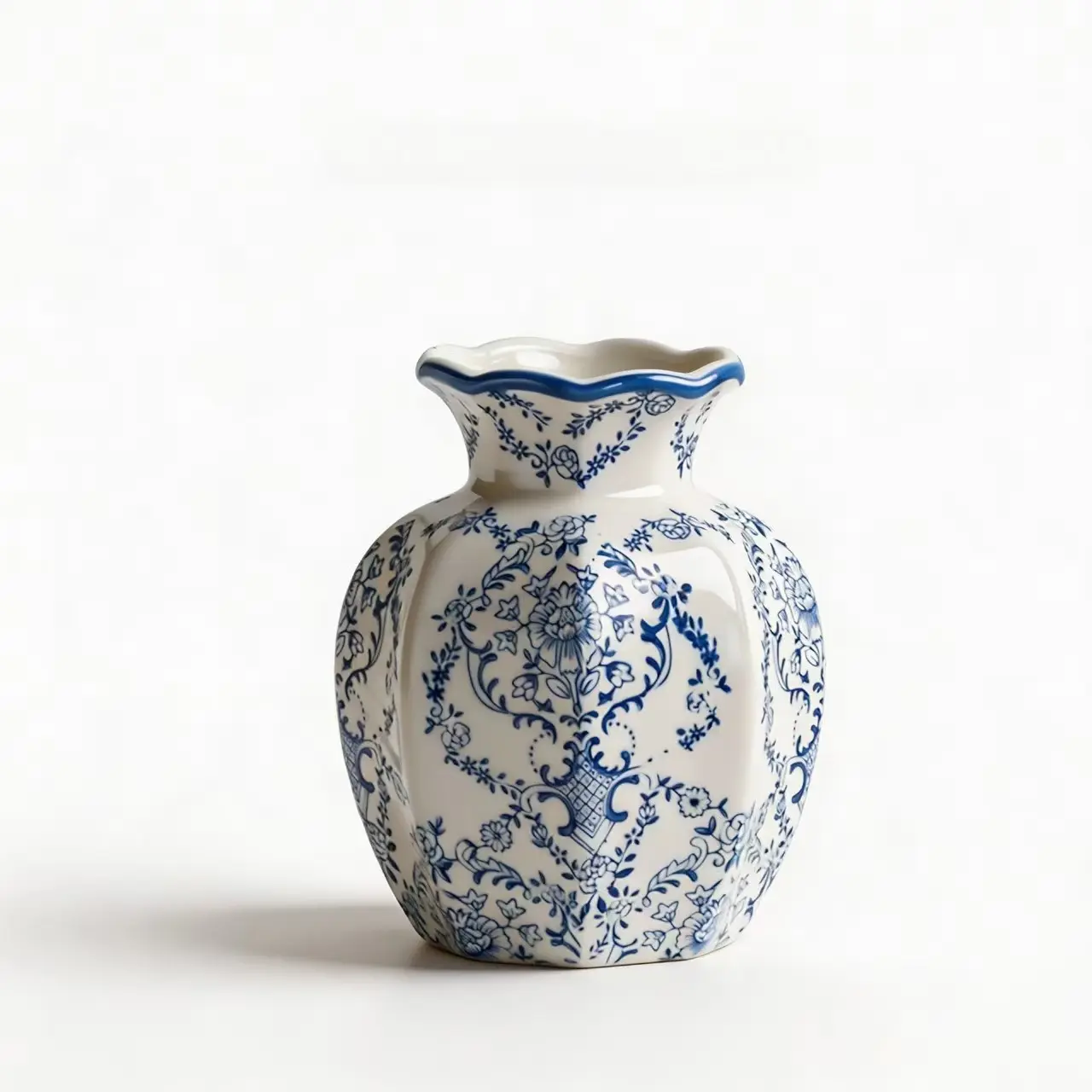 Eastern Zen Blue and Porcelain Vase Set, Octagonal Home Decor Flower Arrangement, Elegant Hand-Painted Ceramic Desktop Ornament