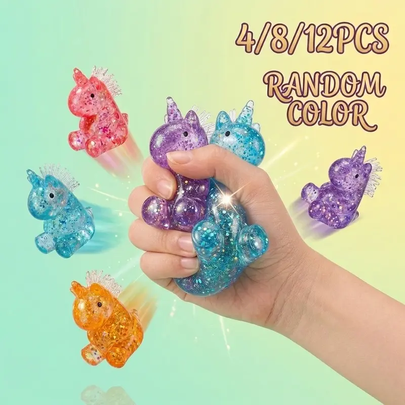 12pcs Random Color Unicorn Stress Relief Toy, Glitter Sensory Compression Ball, Soft Gel Squishy Toy, Kids Party Gift Filler