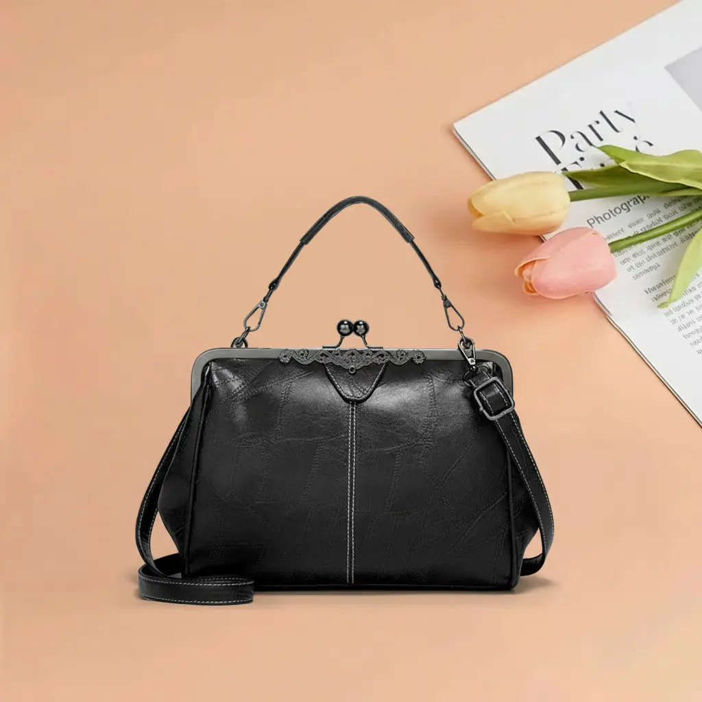 Women's Vintage PU Leather Crossbody Bag - Large Capacity, Geometric Design, Secure Kiss Lock Buckle, Ideal for Anniversary Gifting