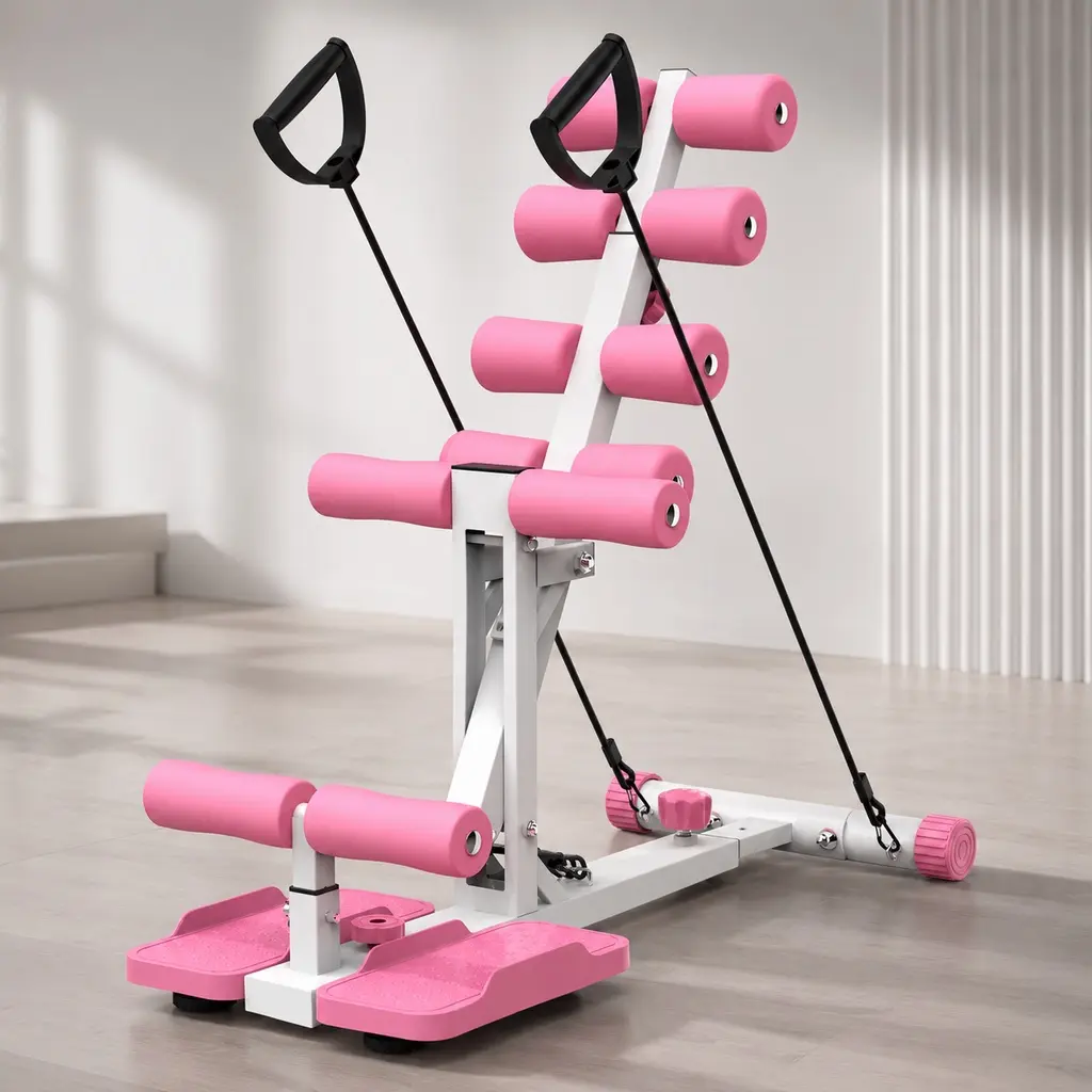 Compact Steel Squat Machine for Home Gym, Apartment & Office - Deep Squat Assist Trainer for Glutes, Core & Legs with Resistance Bands, 300 lbs Capacity, White/Pink, Resistance Band Workout, At Home Glute Workout Equipment, Integrated Elastic Resistance B