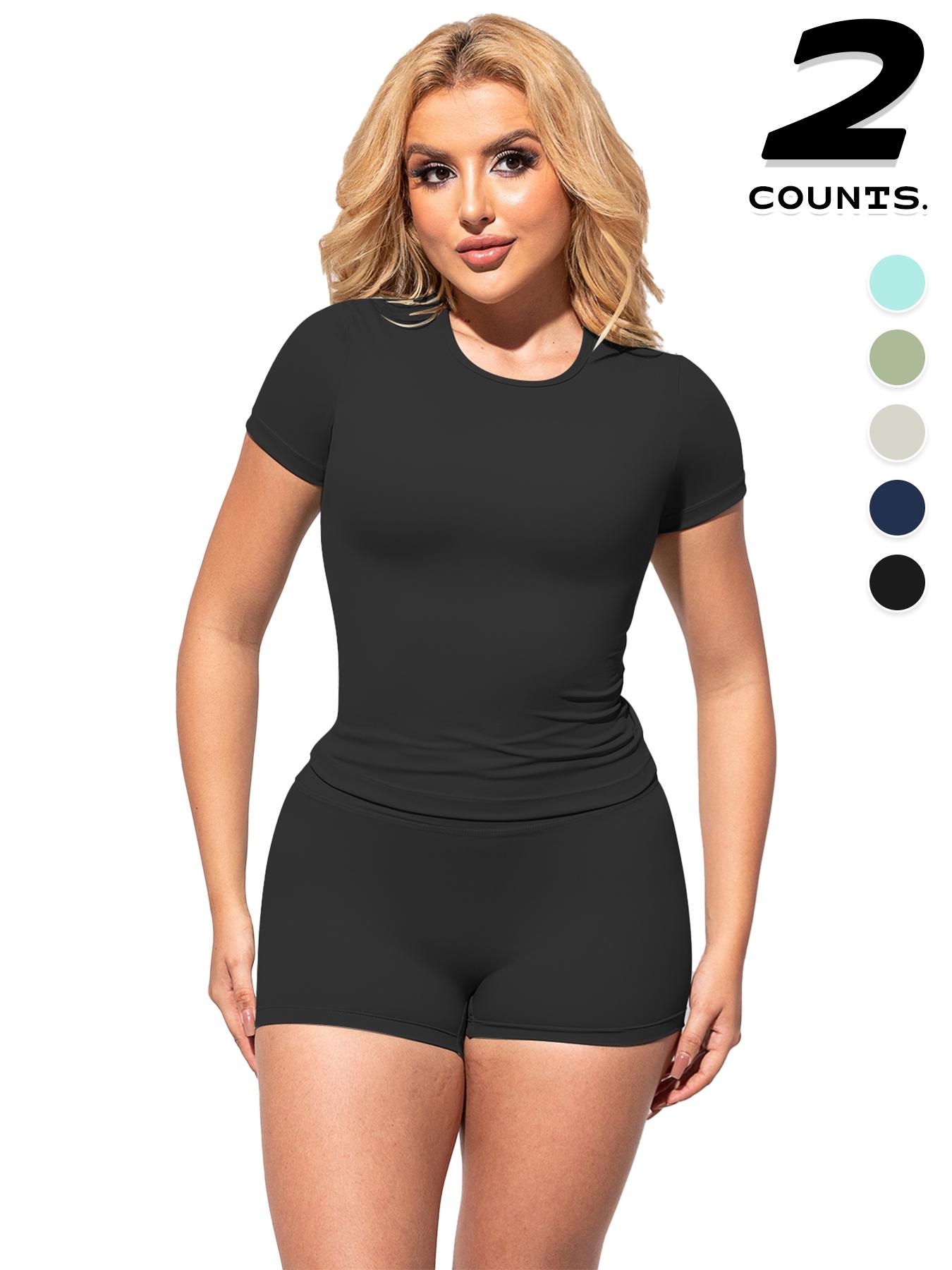 2PCSWomen's Solid Color Short Sleeve Tee & Shorts Set, Breathable Workout Running Clothes Gym Yoga Running, Comfortable Sportswear for Women