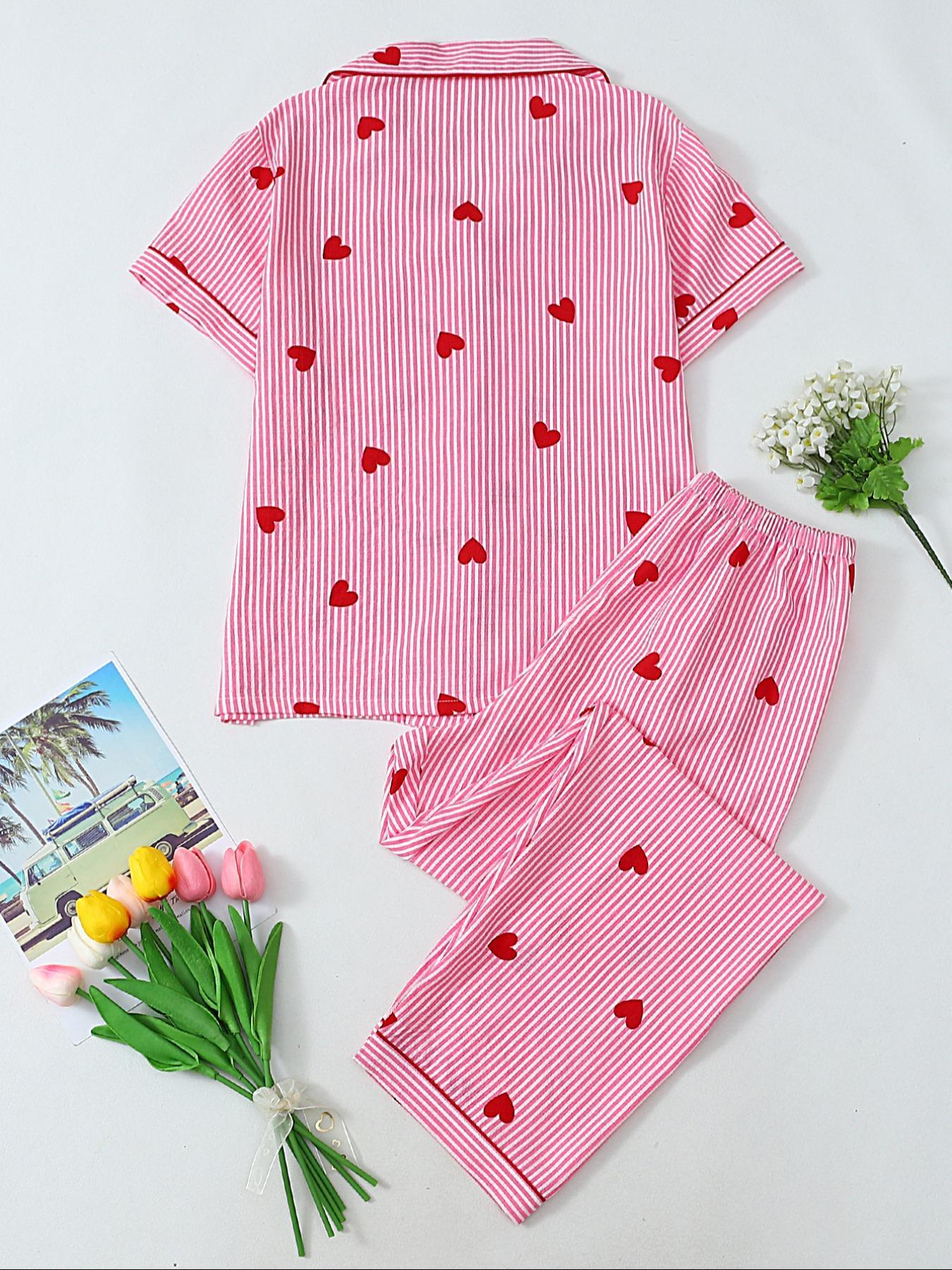 Women's Heart Print Short Sleeve Pajama, Casual Comfy Striped Print Lapel Neck Pocket Shirt & Pants PJ Set, Ladies Sleepwear for All Seasons, Loungewear