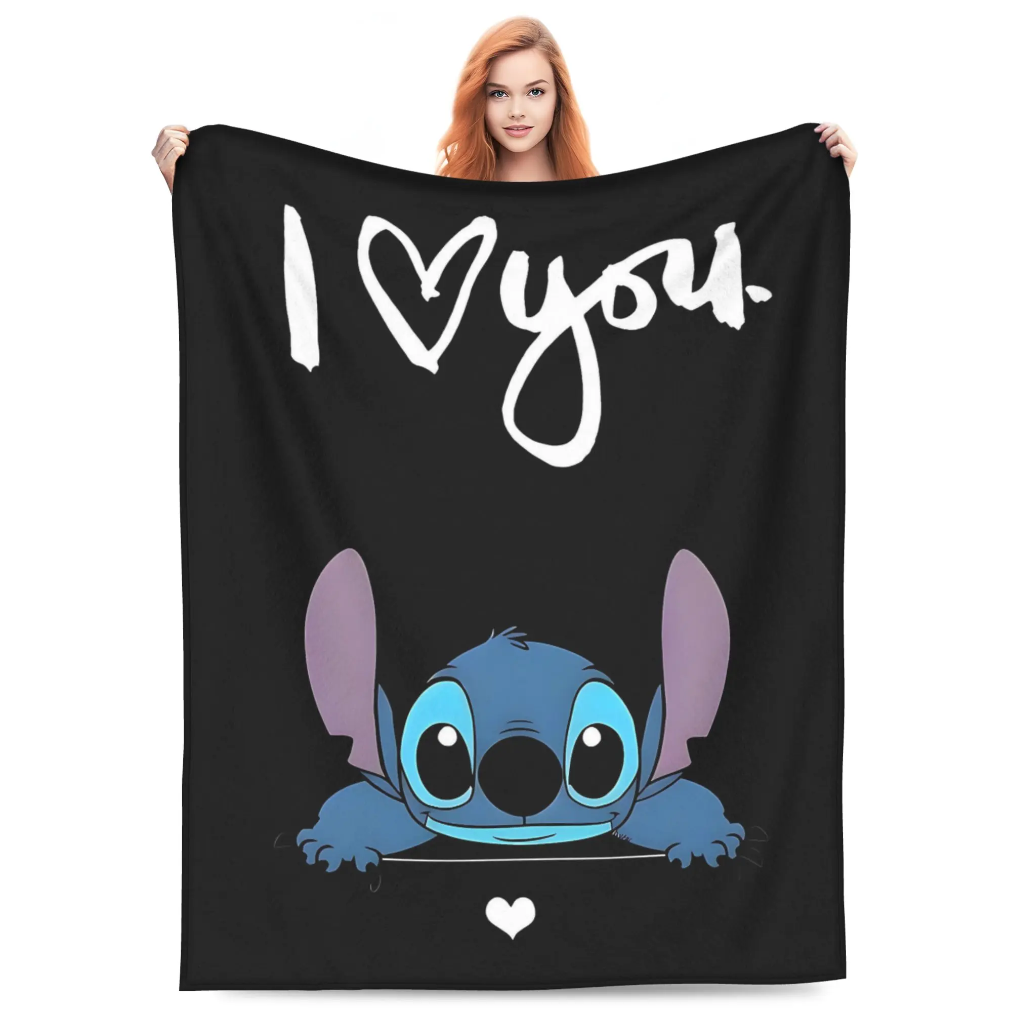 DISNEY CLASSIC I Love You Stitch Throw Blanket, Cute Lilo & Stitch Heart Black Background Print Flannel Fleece Blanket, Soft Lightweight Cozy Blanket for Sofa Bed Bedroom, Valentine Romantic Gift for Girls Women Couples