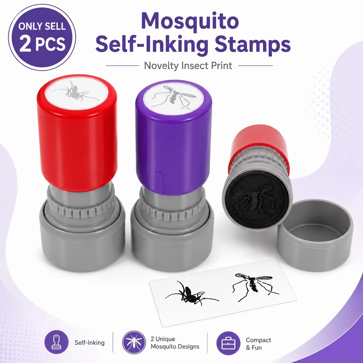 2 PCS Mosquito Self-Inking Stamp, Humorous, Wacky Insect Design, Mosquito Stamp Prank Funny Stamper Self Inking Stamps, Bug Print Stamper, Quick Press Ink, Clear Insect Pattern Imprint for Paper, Notes, Cards, Office, School Activities, Craft Projects