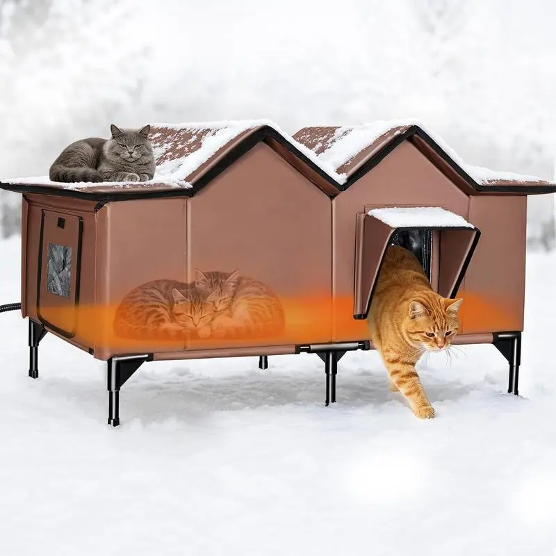 Heated Outdoor Cat House for Outside Cats, Extra Large Weatherproof Insulated Winter Cat Shelter with Full-Size Heating Pad, PVC Mesh Exterior & Escape Door for Feral & Stray Cats (Brown)