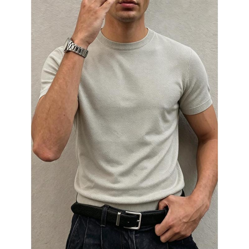 Fine textured knit crew neck short sleeve top with neat ribbed cuffs and hem, slim tailored soft fabric minimalist silhouette, timeless basic essential to build refined casual modern mensfashion daily outfits