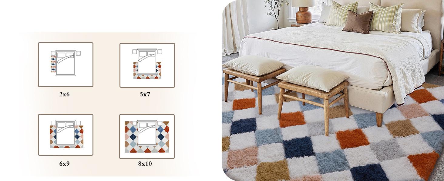 8x10 Checkered Rug for Living Room Soft Shag Area Rug Bedroom Plush High Pile Non Slip Fuzzy Carpet for Home