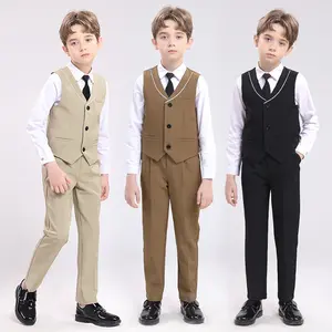 Boys 3-Piece Contrast Trim Vest Set |     Vest + Pants + Tie |     Black/Khaki/Brown |     Preppy Formal Style |     Fits 100-150cm |     Perfect for Weddings, Birthdays, Performances & All Formal Occasions (No Shirt Included) Suit -24102 Clothes Sets