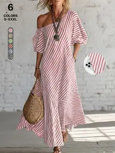 Spring and Summer Fashion Casual Elegant Irregular Off-the-shoulder Striped Dresse