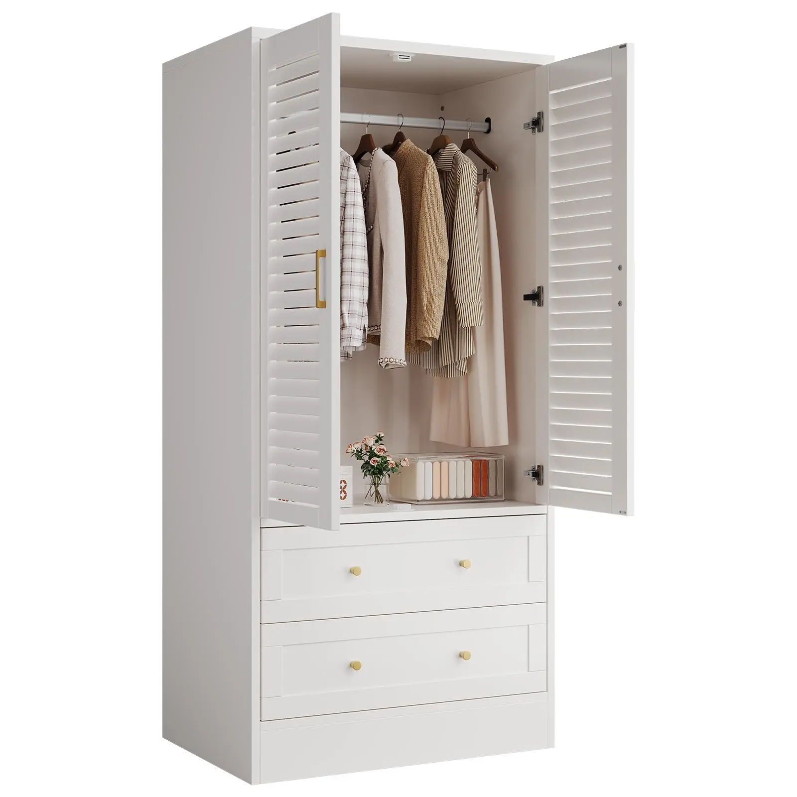 65 Inch Wooden Armoire Wardrobe Closet With Hanging Rod Heavy Duty Black Dresser Clothes Organizer Storage Cabinet 2 Doors 2 Drawers Standalone Garment Rack For Bedroom Laundry Room Closet Entryway Furniture
