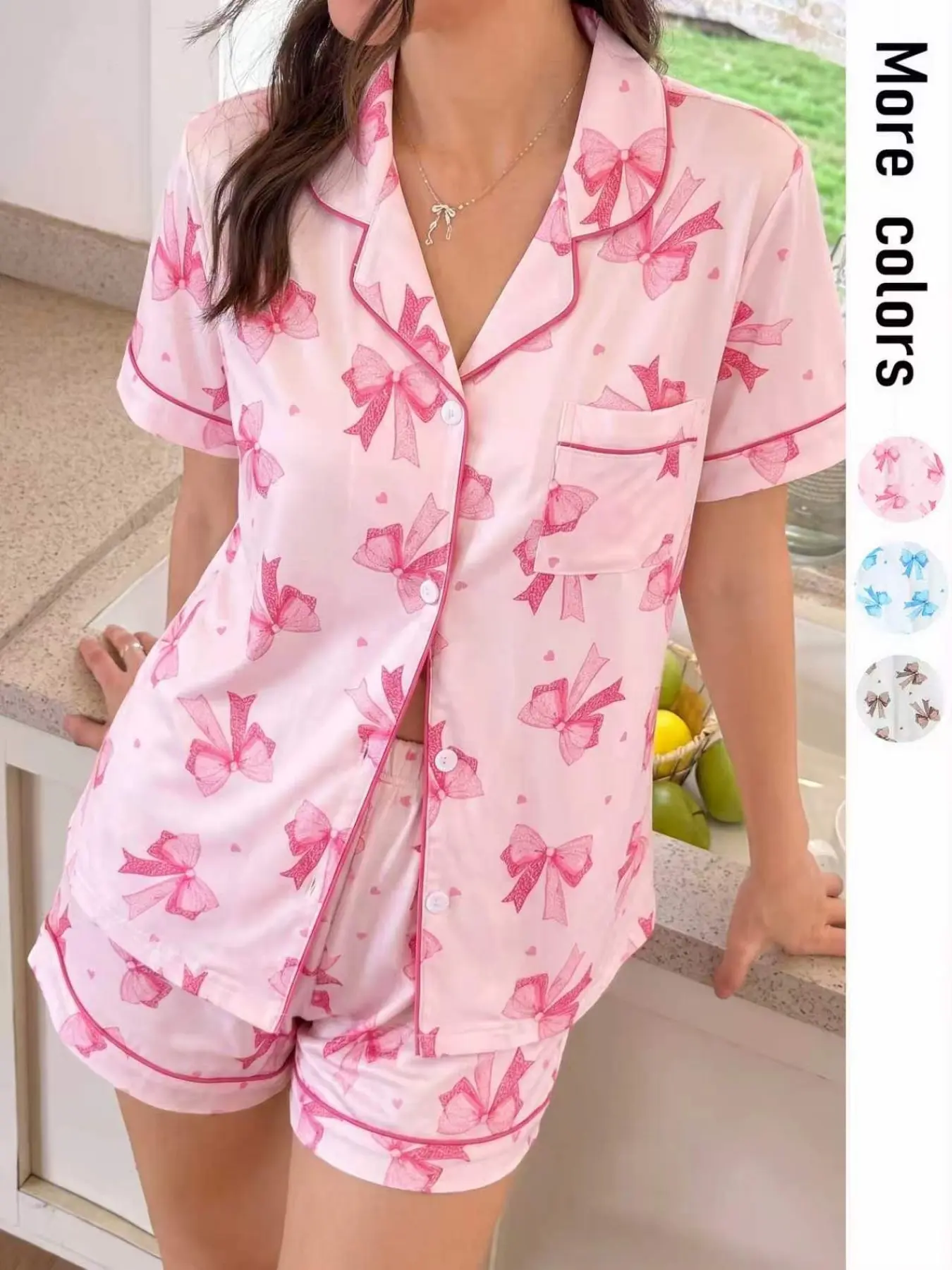 2-Piece Women's Bow Print Pajama Set, Short Sleeve and Shorts, Soft Comfortable Home Wear, Button Front, Casual All-Season