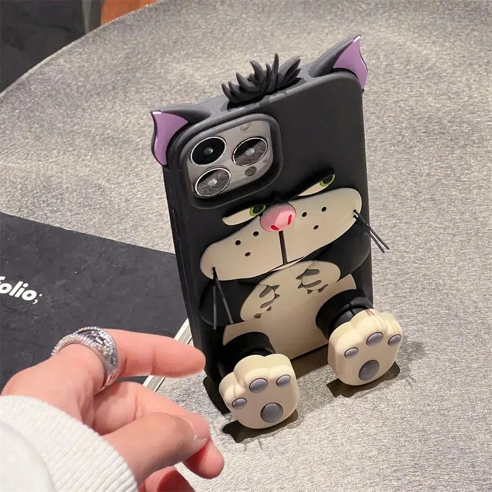 Cartoon Cat Silicone Stand Phone Case For iPhone 11 12 13 14 15 16 17 Pro Max, Cute Shockproof Protective Case Cover