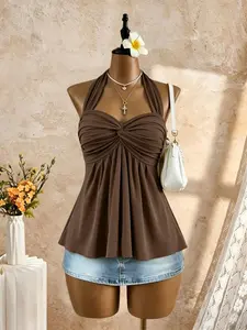 Women's Knot Halter Top, Flowy A-Line Strappy Tank, Sleeveless Sweet Heart Neckline Top, Stylish Feminine Casual Wear for Summer
