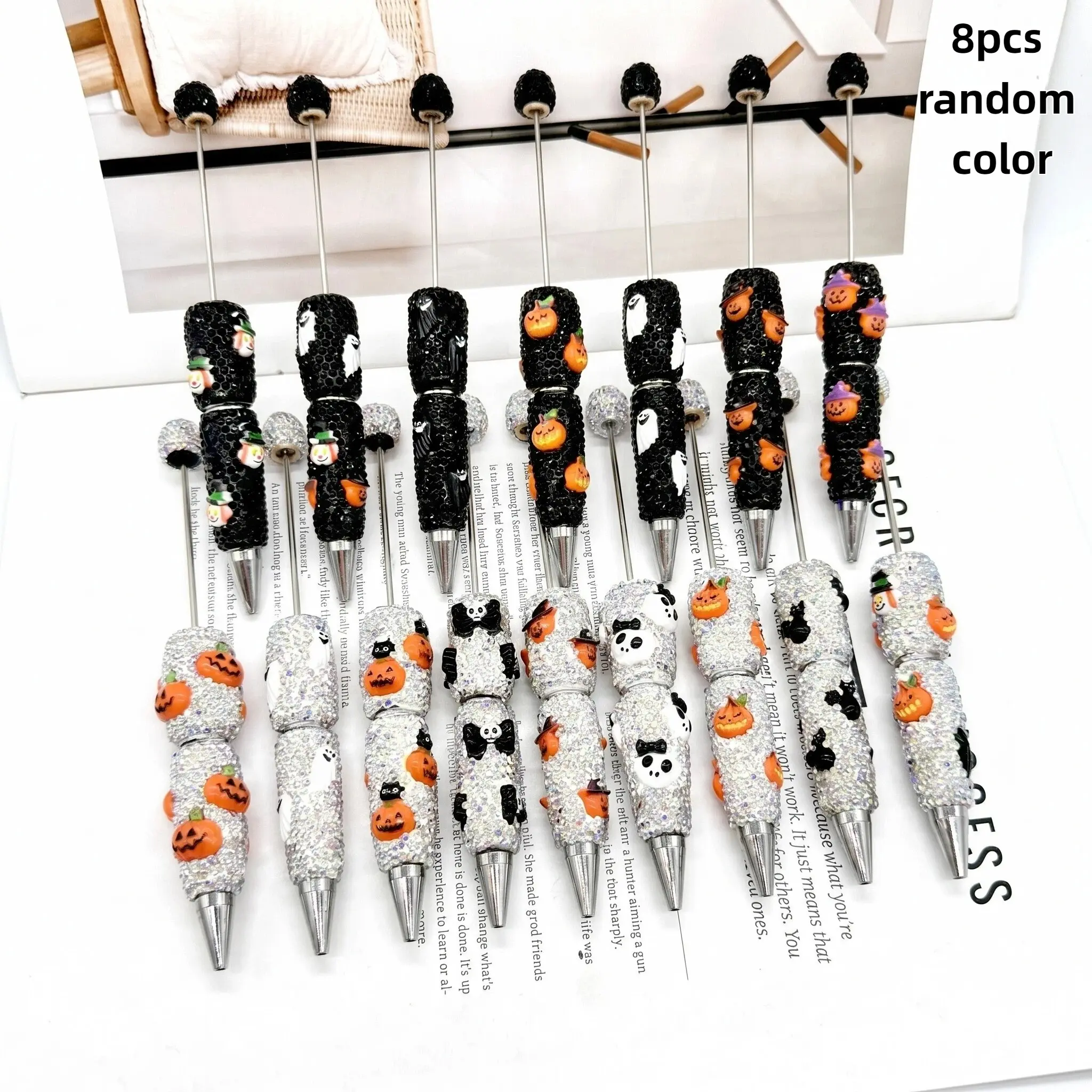 8pcs Random Color DIY Halloween Rhinestone Beaded Pens, Pumpkin Ghost Cat Skull Cute Ballpoint Pens, Holiday Gifts
