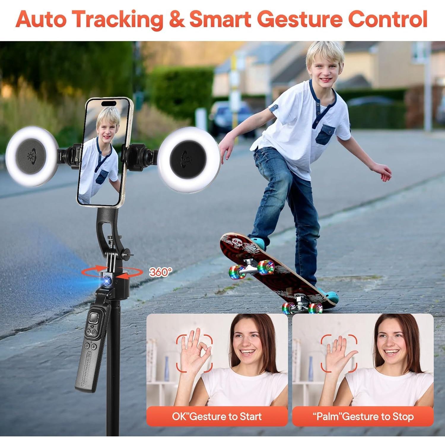 Auto   Tripod 360 Rotation,Auto-Open Tripod Stand for  & Android with Light, No App, with Remote and Gesture Control, 70" Phone Holder for Vlogging, Video Recording