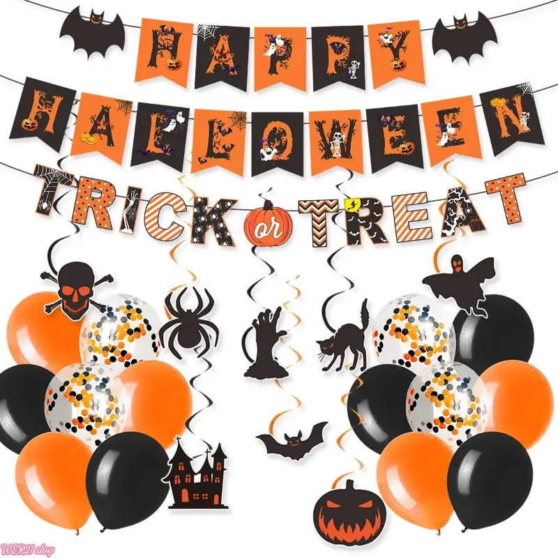 Black-Orange Halloween Party Decor Kit - Spooky Decor, Swirly Banners, Latex Balloons, All-Seasons DIY Backdrop Supplies for Trick-Or-Treat & Haunted House Layout