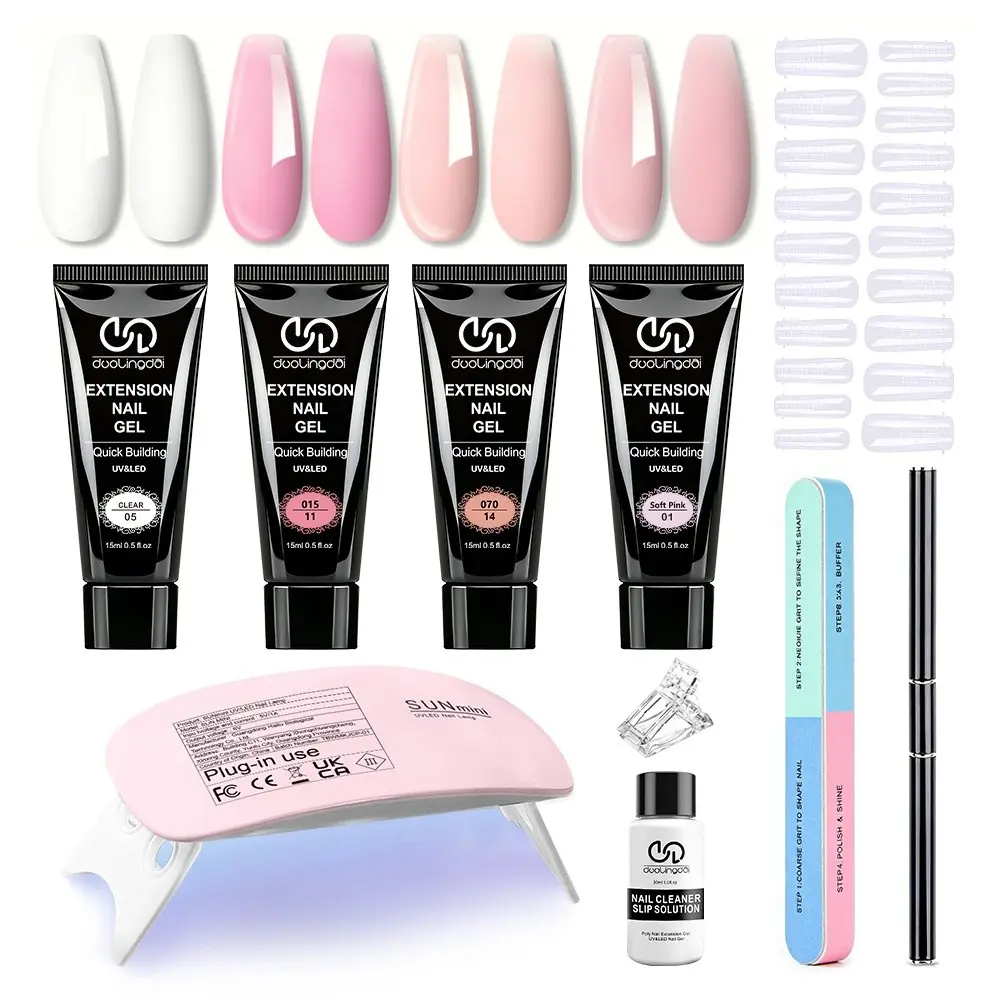 Duolingdai 4 Color Nail Extension Gel Set, Builder Gel Set, 15ML Each, Includes Mini UV Lamp, Cleaning Liquid, Forms, Tools, Perfect for DIY Nails at Home