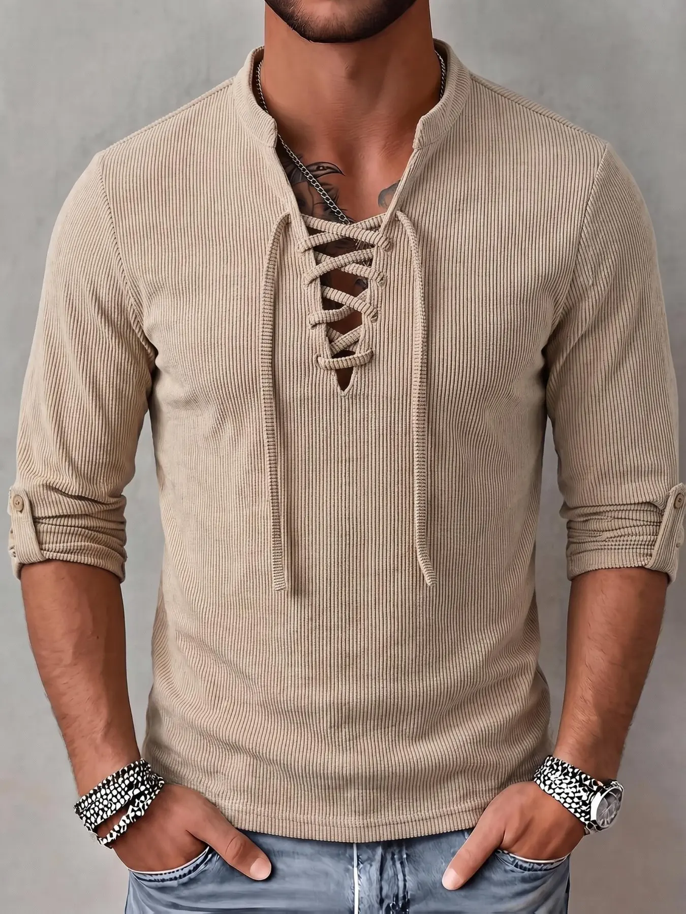 Vintage Street Style Men's V-Neck Henry Shirt, Adjustable Sleeve Long Sleeve T-Shirt, Loose-Fit Spring & Fall Top, Fashionable Plain Design