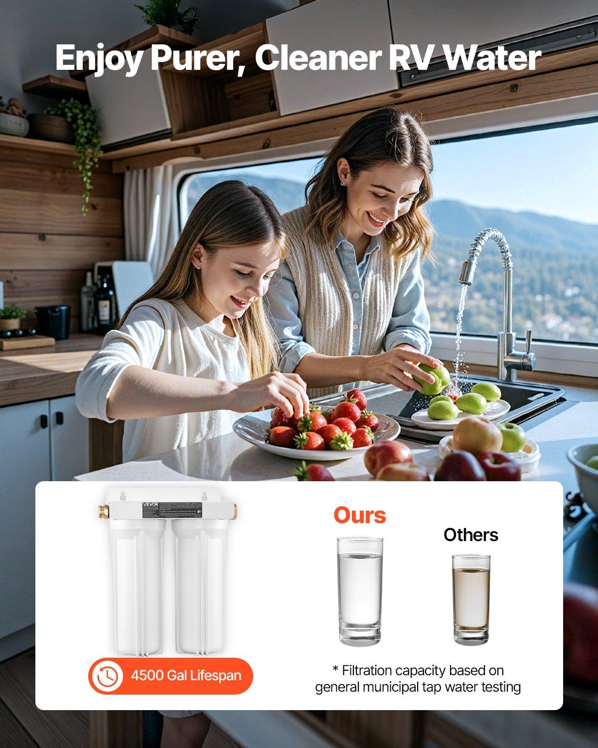 VEVOR RV Water Filtration System, 2-Cartridge Water Filter System for Campers, Remove Sediments, Chlorine, Bad Tastes, Odors, and Most Contaminants, RV Filter for RVs, Boats, Vans VEVOR RV Water Filtration System, 2-Cartridge Water Filter System for Campers, Remove Sediments, Chlorine, Bad Tastes, Odors, and Most Contaminants, RV Filter for RVs, Boats, Vans