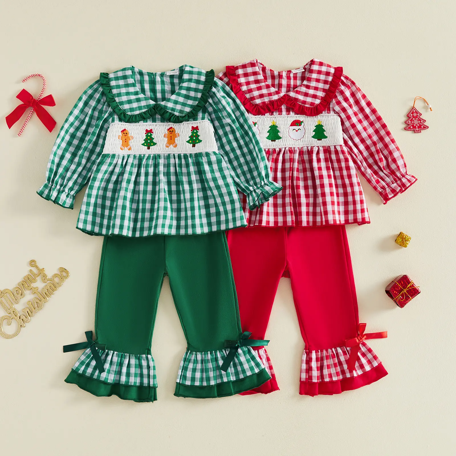 Toddler Baby Little Girls Christmas Outfit Long Sleeve Plaid Embroidery T-shirt and Flare Pants Set 1-5 Years