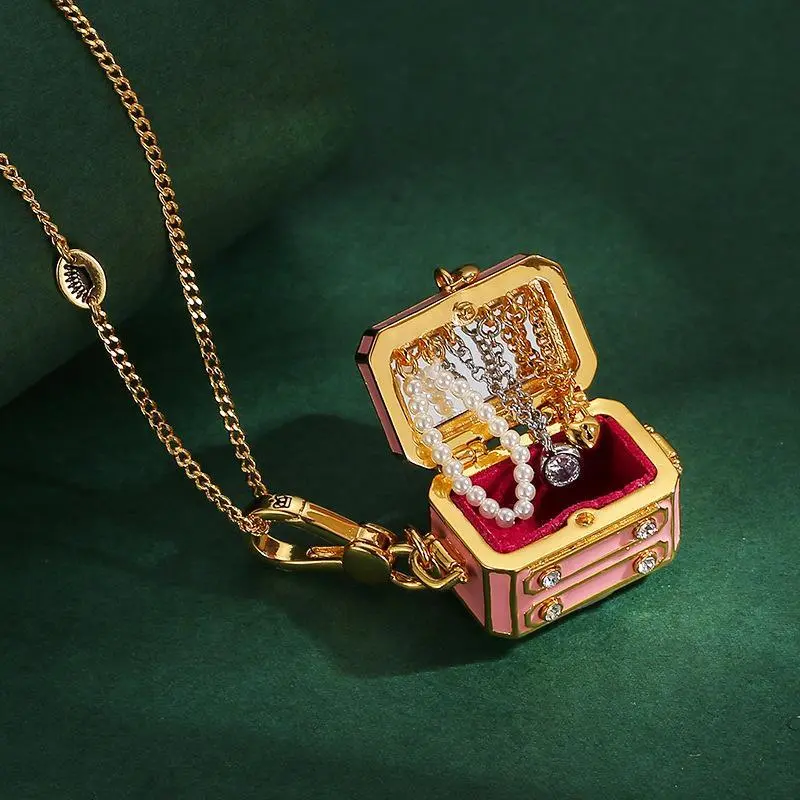 Mini Pink Jewelry Box Locket, Openable Wardrobe Charm with Tiny Necklace Inside, 18K Gold Plated Brass, Aesthetic Coquette Accessory, Surprise Gift for Her, Dainty Necklace, Gold Chain Necklace