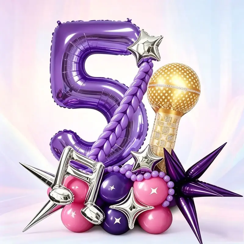 36-Piece K-Pop Music Theme Balloon Set, Number Balloons, Gold Microphone, Silver Notes, Party Balloons Decorations for Birthdays, Festivals, Holidays