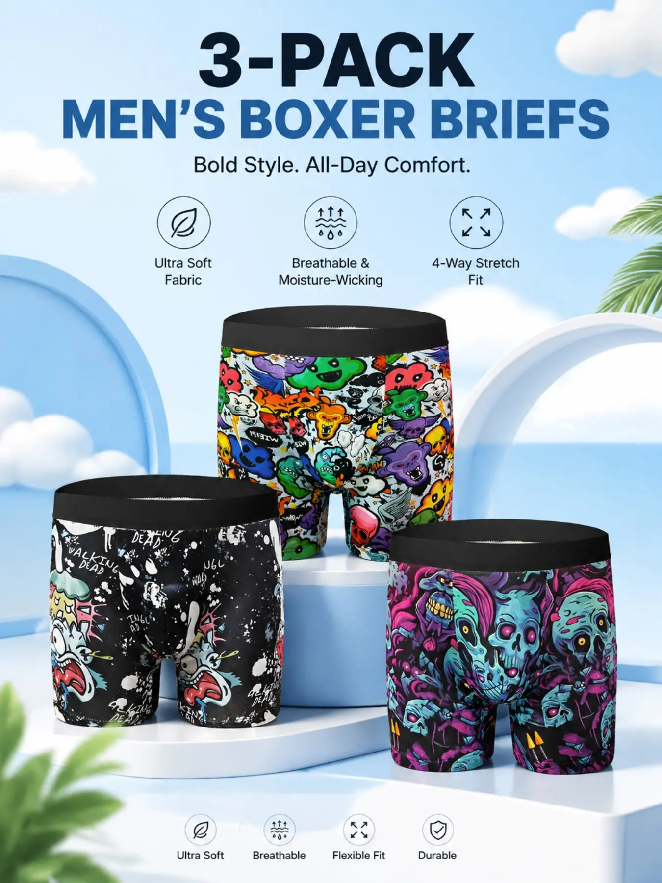 Men's Elastic Mid-Length Boxer Briefs, Multi-Pack Set, Comfortable, Seamless, Breathable, Fashionable, High Stretch Soft Fabric, Youthful Straight Leg Style